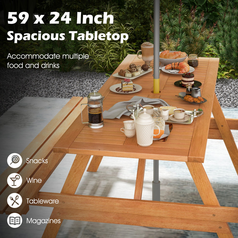 Spacious 59" x 24" hardwood tabletop of a picnic table set, perfect for serving snacks and drinks outdoors.