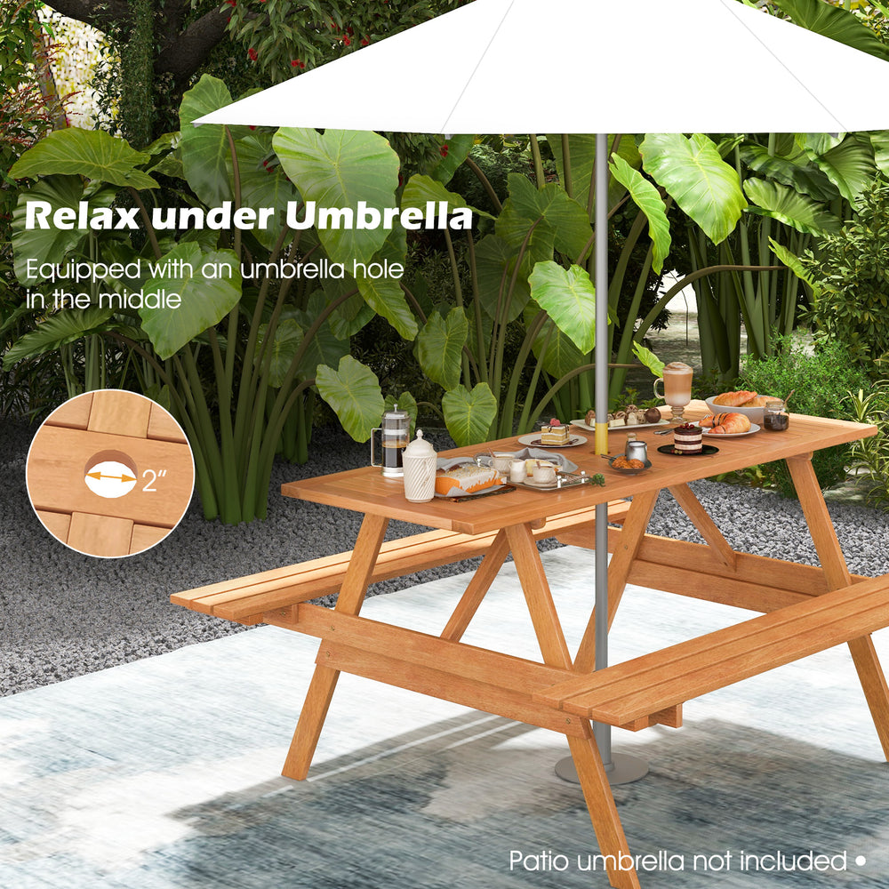 Rectangular 6-person picnic table set with natural wood finish, featuring an umbrella hole for outdoor gatherings.