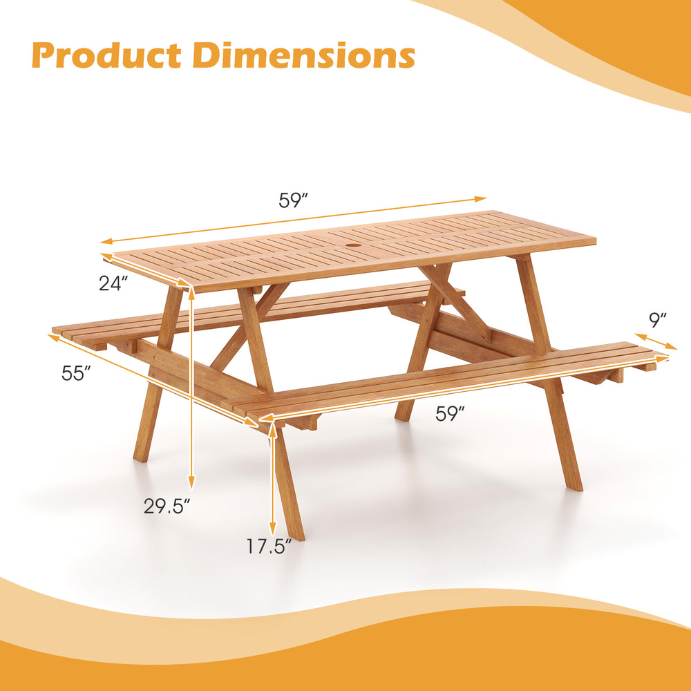 Dimensions of the 6-person picnic table set with umbrella hole, featuring a 59" x 24" tabletop and robust hardwood.