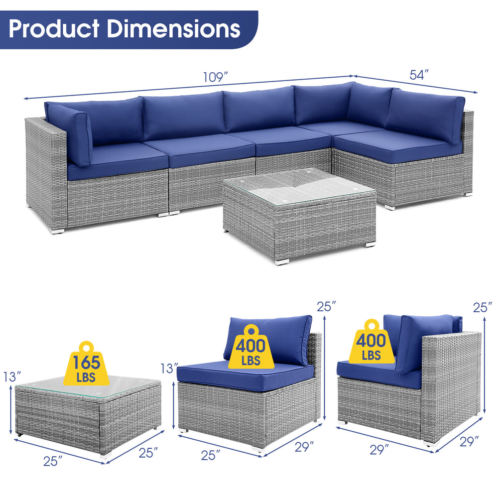L-shaped 6 piece patio conversation sofa set with navy cushions and tempered glass coffee table, ideal for outdoor use.