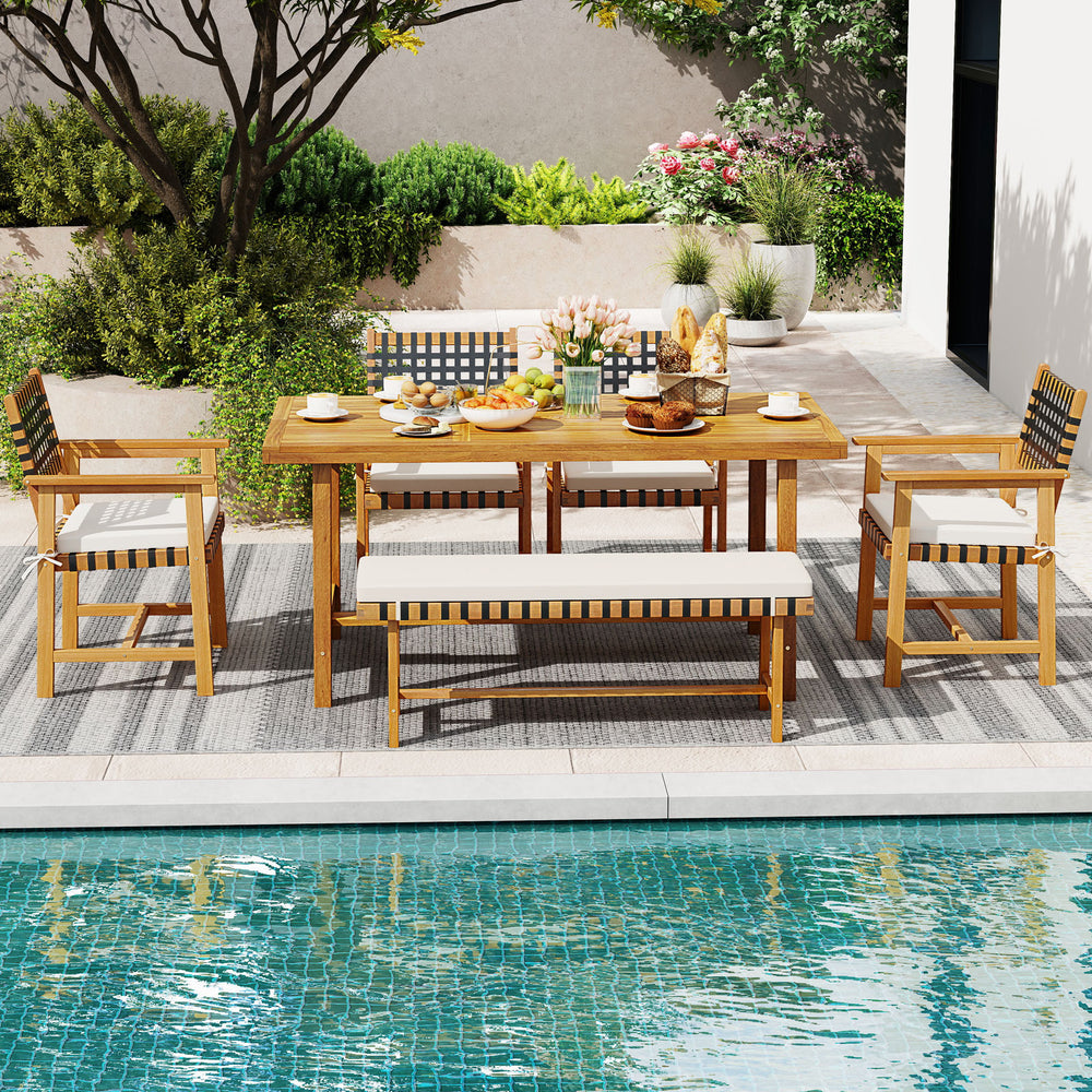 6-piece patio dining set featuring solid acacia wood table, bench, and 4 armchairs, perfect for outdoor gatherings.