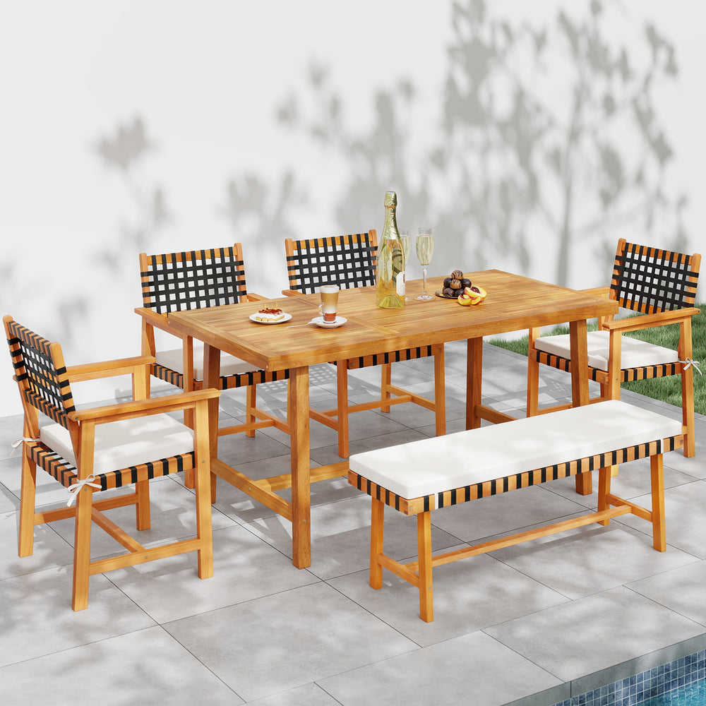 6-piece patio dining set featuring solid acacia wood table, bench, and 4 armchairs with woven rope seats for outdoor.