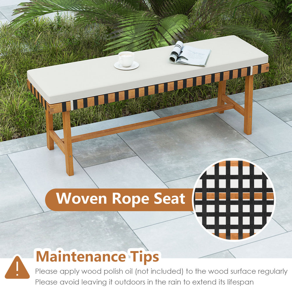 Woven rope seat bench from a 6-piece patio dining set, crafted from solid acacia wood for outdoor gatherings.