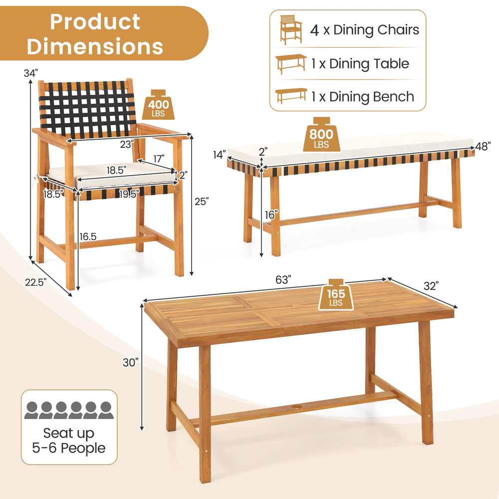 6-piece patio dining set featuring solid acacia wood, includes table, bench, and 4 armchairs for outdoor gatherings.