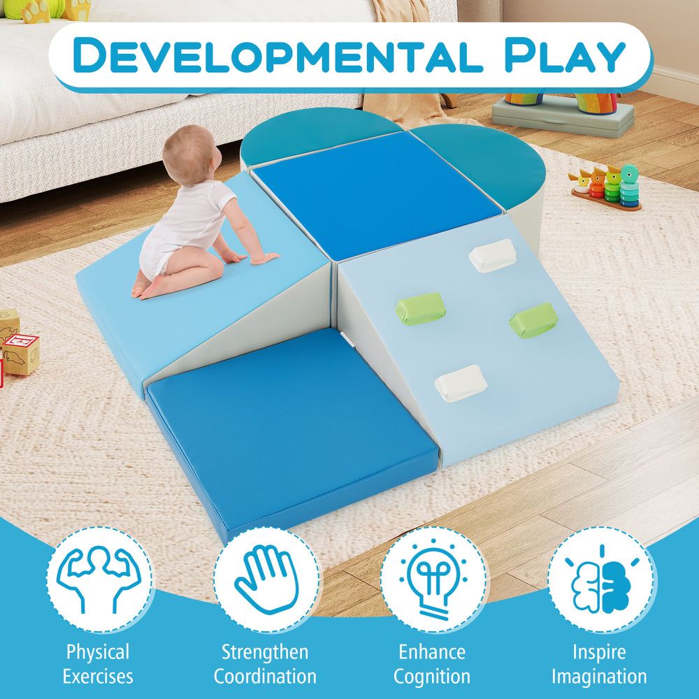 6-piece soft play set for toddlers featuring a climbing triangle and ramp in blue, promoting developmental play and.