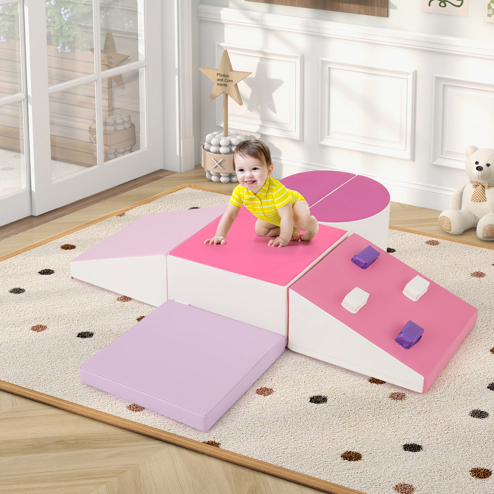 6-Piece Soft Play Set for Toddlers with Climbing Triangle and Ramp-Pink - Gallery View 1 of 10
