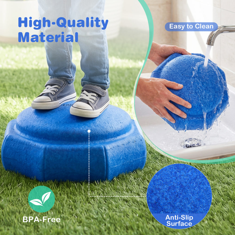 Blue stepping stone with anti-slip surface, made from high-quality EPP material, ideal for kids' sensory play outdoors.