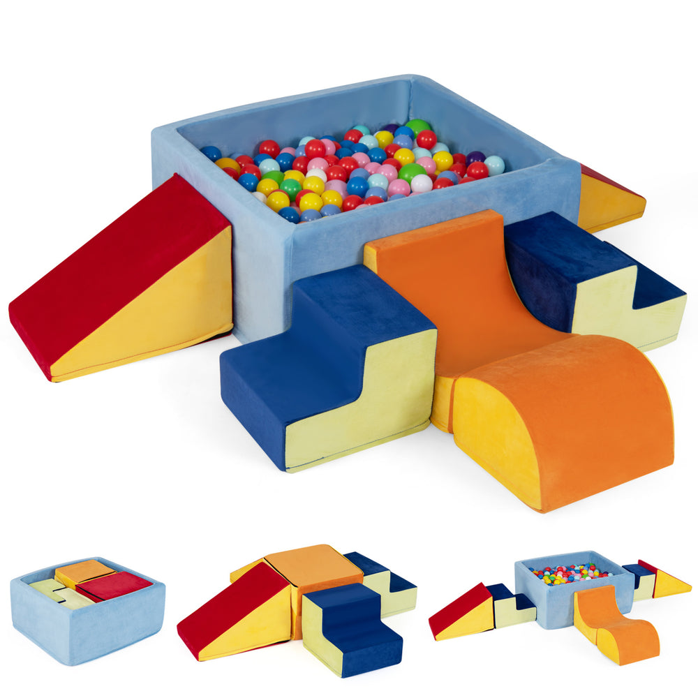 Colorful 6-piece toddler climbing toys set with ball pit, slopes, and stairs, designed for comfort and imaginative play.