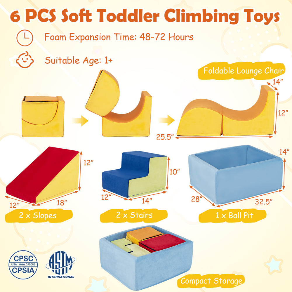 Soft toddler climbing toys set with a foldable lounge chair, slopes, stairs, and ball pit for ages 1-3, in red velvet.