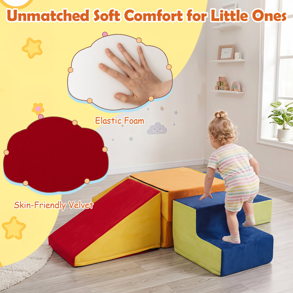 Colorful 6-piece toddler climbing toys set with elastic foam and velvet for safe play and muscle development.