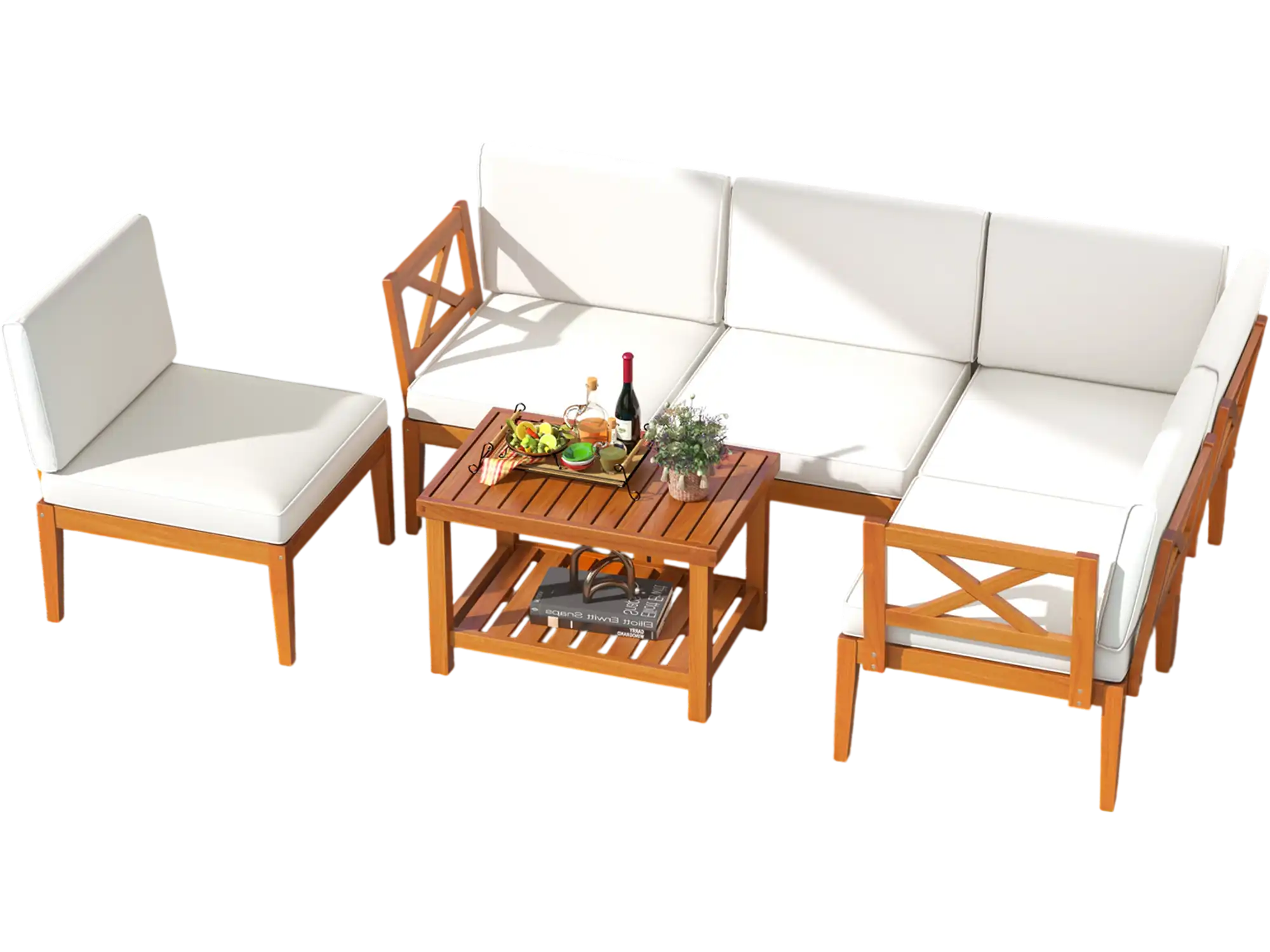 Costway 6-Piece Acacia Wood Patio Furniture Set with Cushions & 2-Tier Coffee Table White 47296351 New