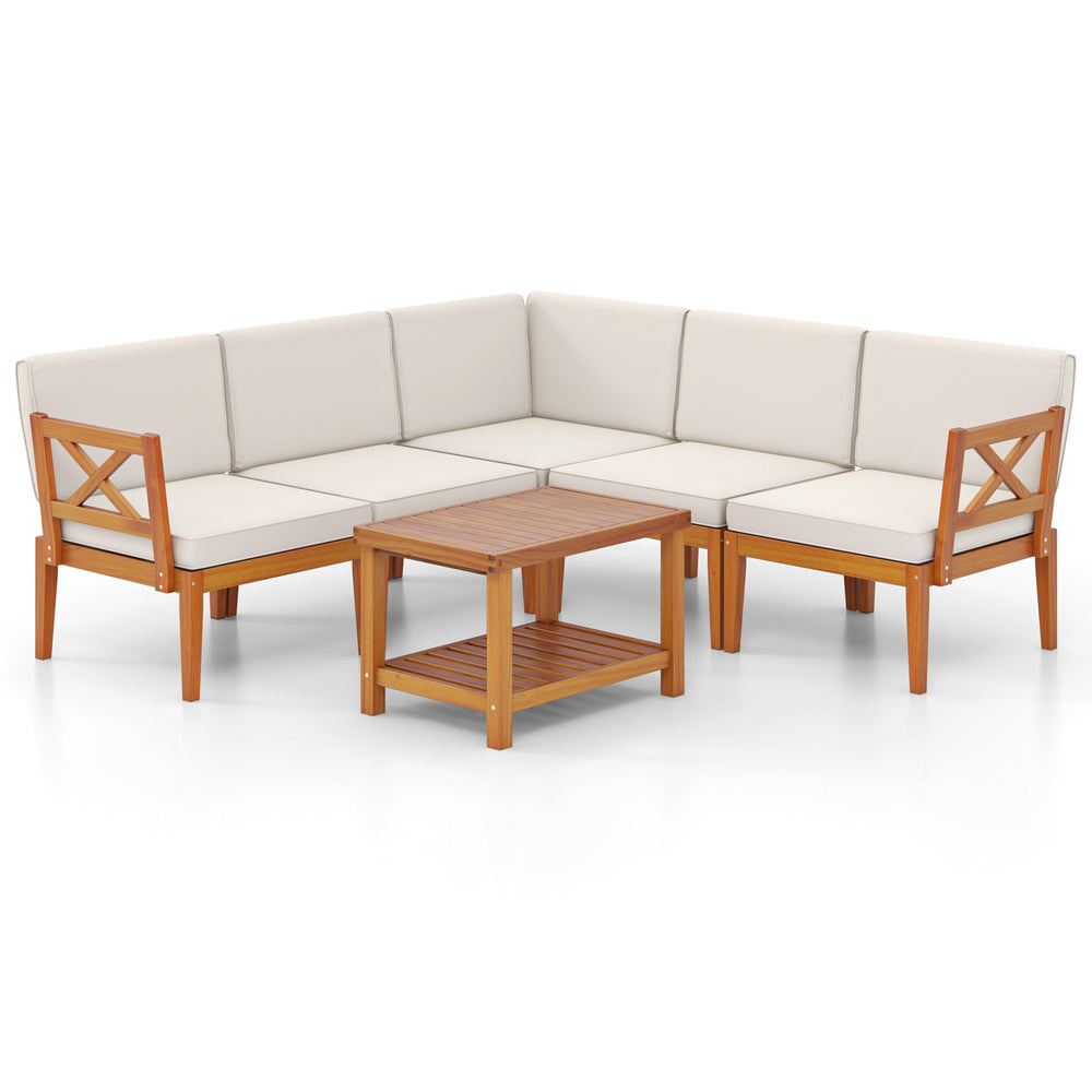 L-shaped 6-piece acacia wood patio furniture set with white cushions and 2-tier coffee table for outdoor relaxation.