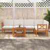 L-shaped acacia wood patio sofa with plush white cushions, designed for comfort and style in outdoor spaces.