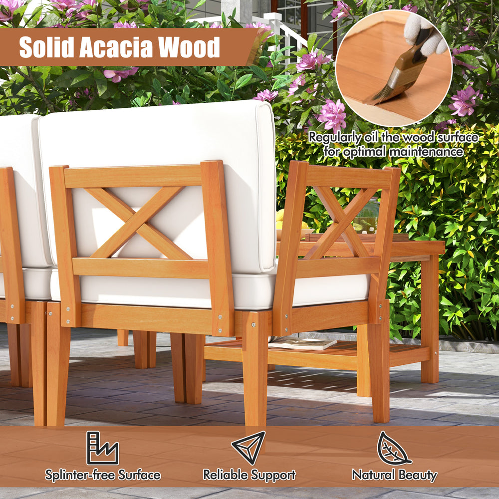 Acacia wood patio chair with white cushion, featuring a splinter-free surface for easy maintenance and reliable support.