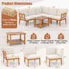 L-shaped acacia wood patio furniture set with white cushions and 2-tier coffee table, ideal for outdoor relaxation.