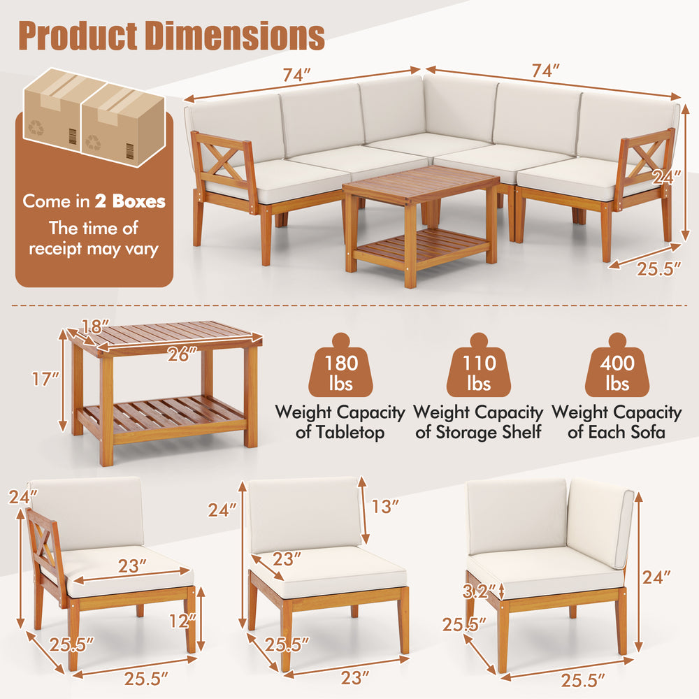L-shaped acacia wood patio furniture set with white cushions and 2-tier coffee table, ideal for outdoor relaxation.