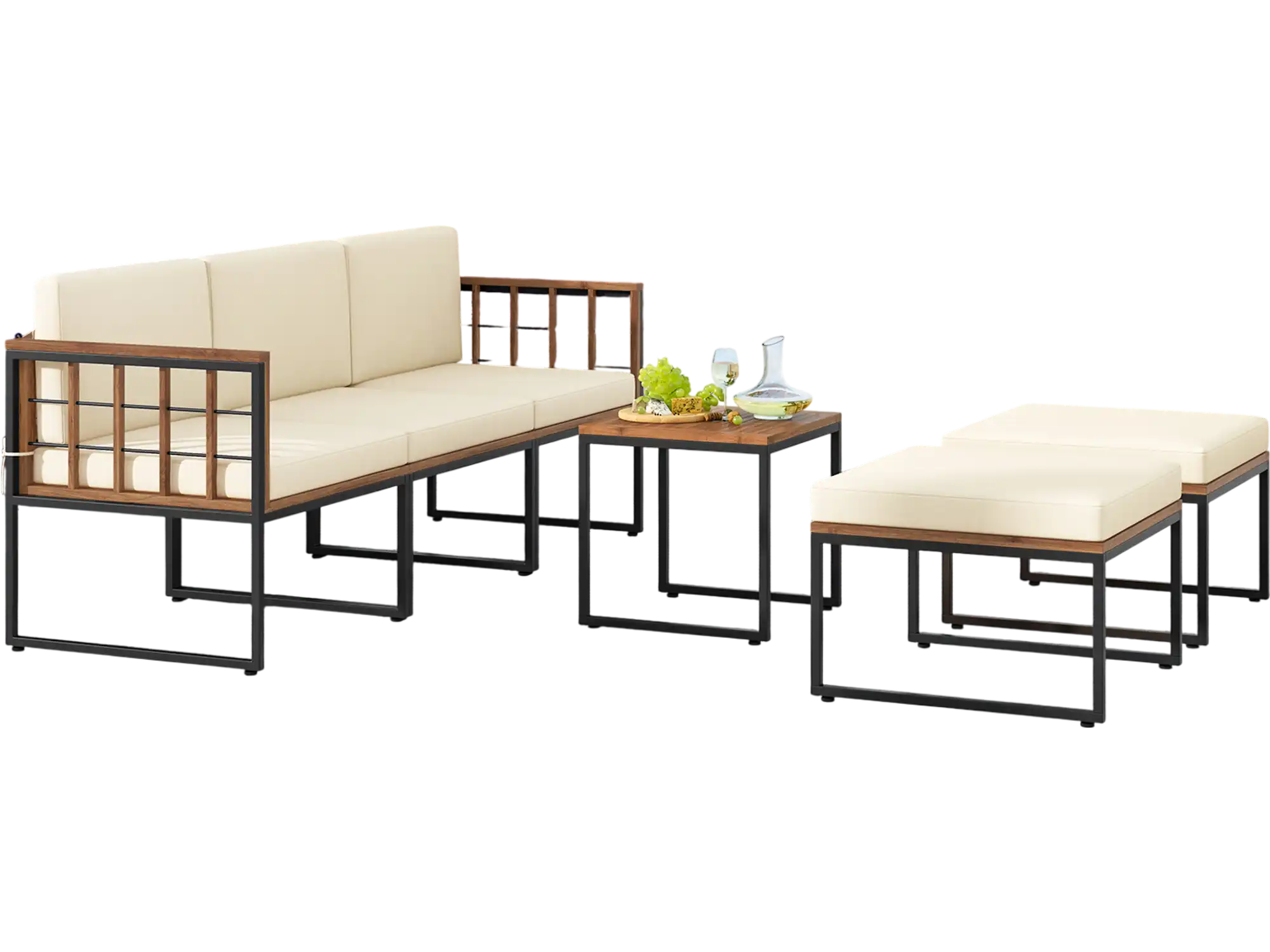 Costway 6-Piece Acacia Wood Patio Furniture Set w/ Coffee Table & Ottomans Beige 26841795 New