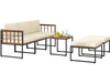 6-piece acacia wood patio furniture set with beige cushions, including a coffee table and ottomans for outdoor.