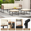 Acacia wood patio furniture set featuring thick cushions and adjustable foot pads, perfect for outdoor relaxation.