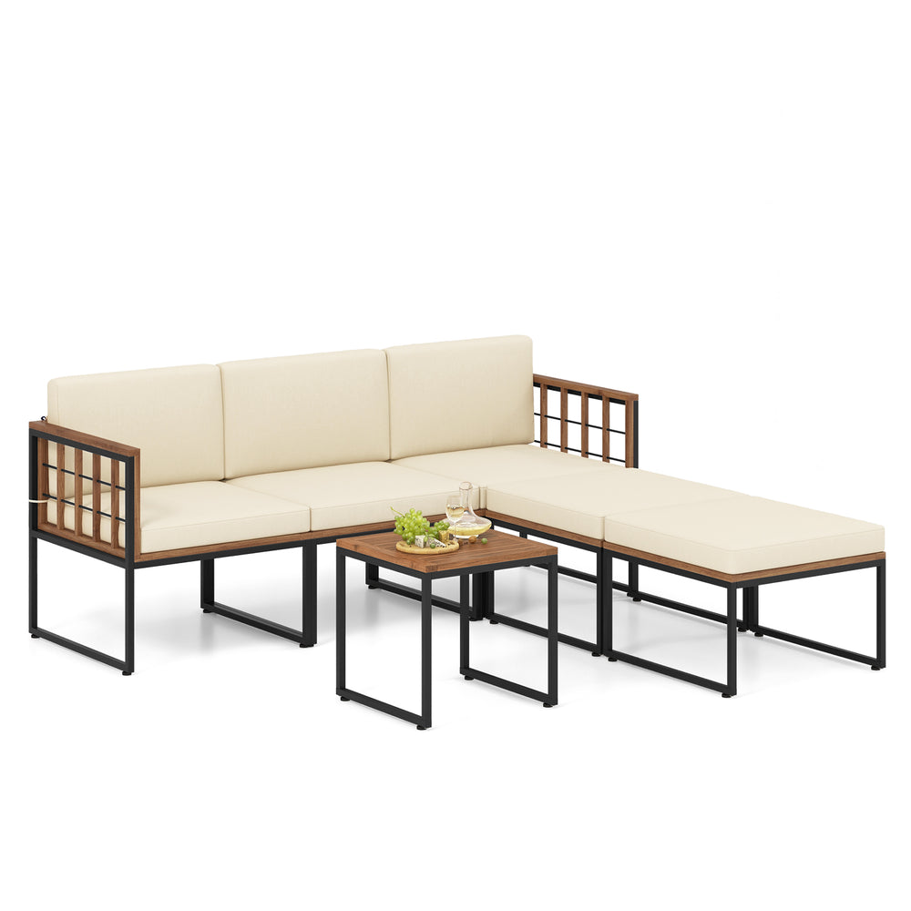L-shaped acacia wood patio furniture set with beige cushions and coffee table, perfect for outdoor relaxation.