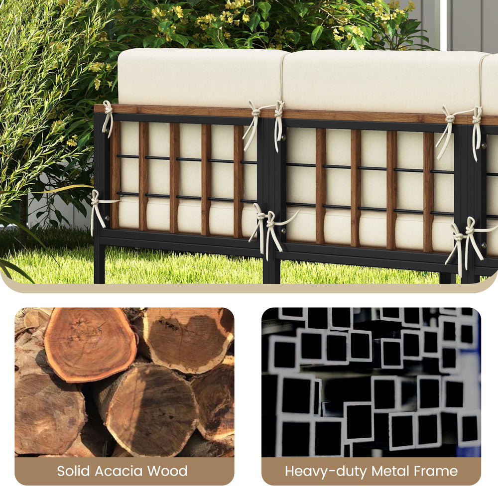 Close-up of the 6-piece acacia wood patio furniture set showcasing thick cushions and a heavy-duty metal frame for.