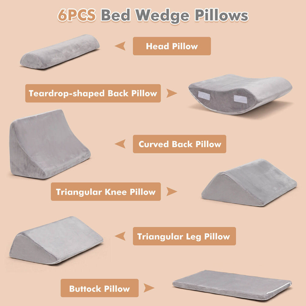 6-piece orthopedic bed wedge pillow set in gray, featuring various shapes for back, neck, and leg support.