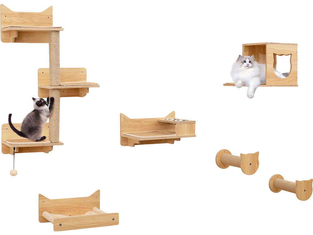 Cat wall furniture set featuring shelves, a condo, and a hammock for climbing, scratching, and resting. Ideal for.
