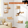 Cat wall furniture set featuring natural wood shelves, a hammock, and a feeding station for playful kittens.