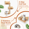 3-level cat tree with hanging pompom and 2 stainless steel bowls for feeding, perfect for wall-mounted cat furniture.
