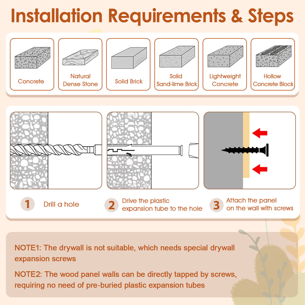 Installation guide for 6 pieces cat wall furniture set, suitable for various wall surfaces like concrete and brick.