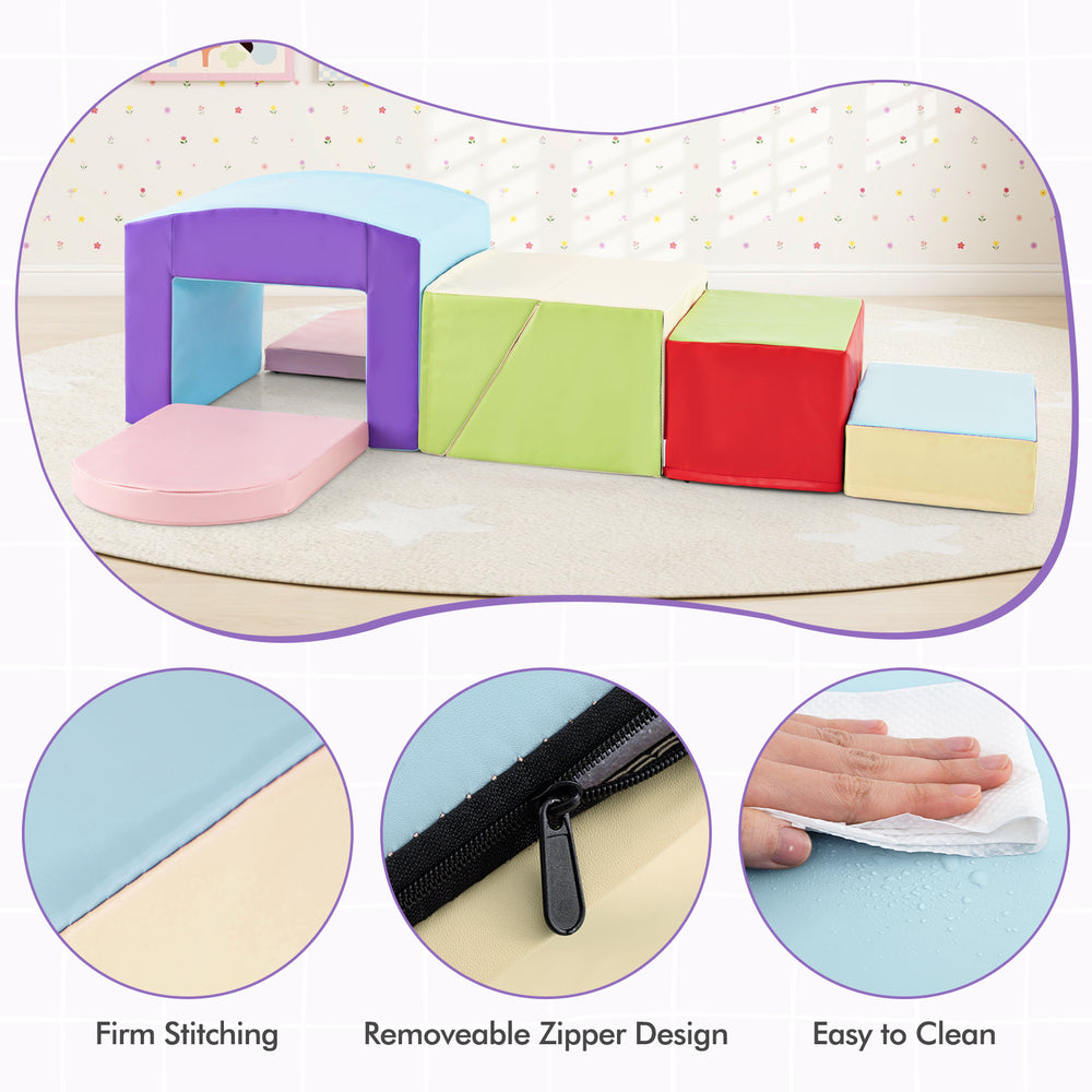Soft play climbing blocks set in various colors, featuring a tunnel for toddlers, ideal for indoor play and motor skill.