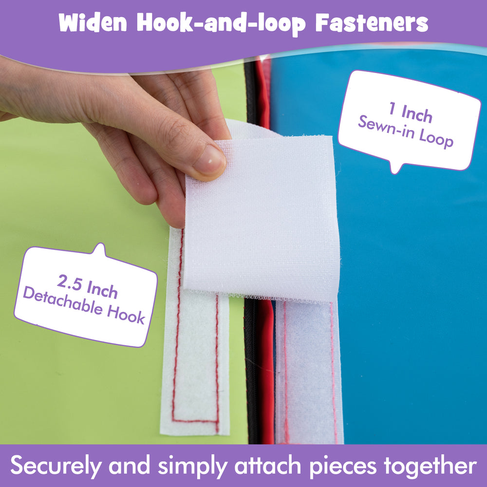 Close-up of hook-and-loop fasteners on foam climbing blocks, featuring a 2.5-inch hook and 1-inch sewn-in loop for.