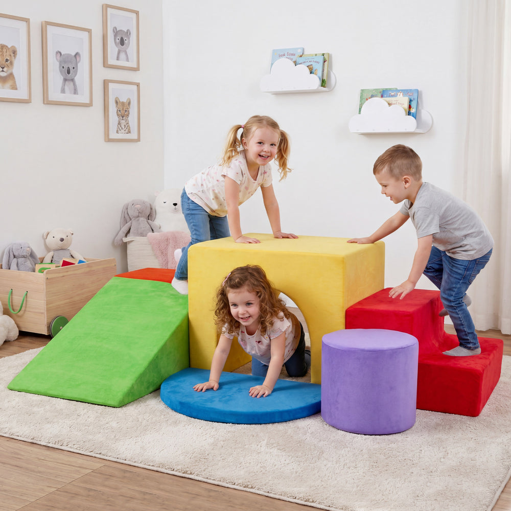 6 Pieces Foam Climbing Blocks for Kids with Slide and Tunnel-Red - Gallery View 1 of 11