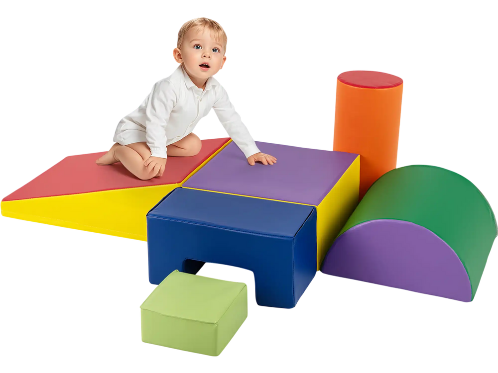 Colorful 6-piece foam climbing blocks set with soft PU cover, perfect for indoor play and enhancing kids' creativity.