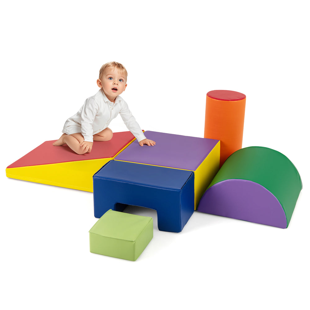 Colorful 6-piece foam climbing blocks set with various shapes for indoor play and developmental activities for kids.