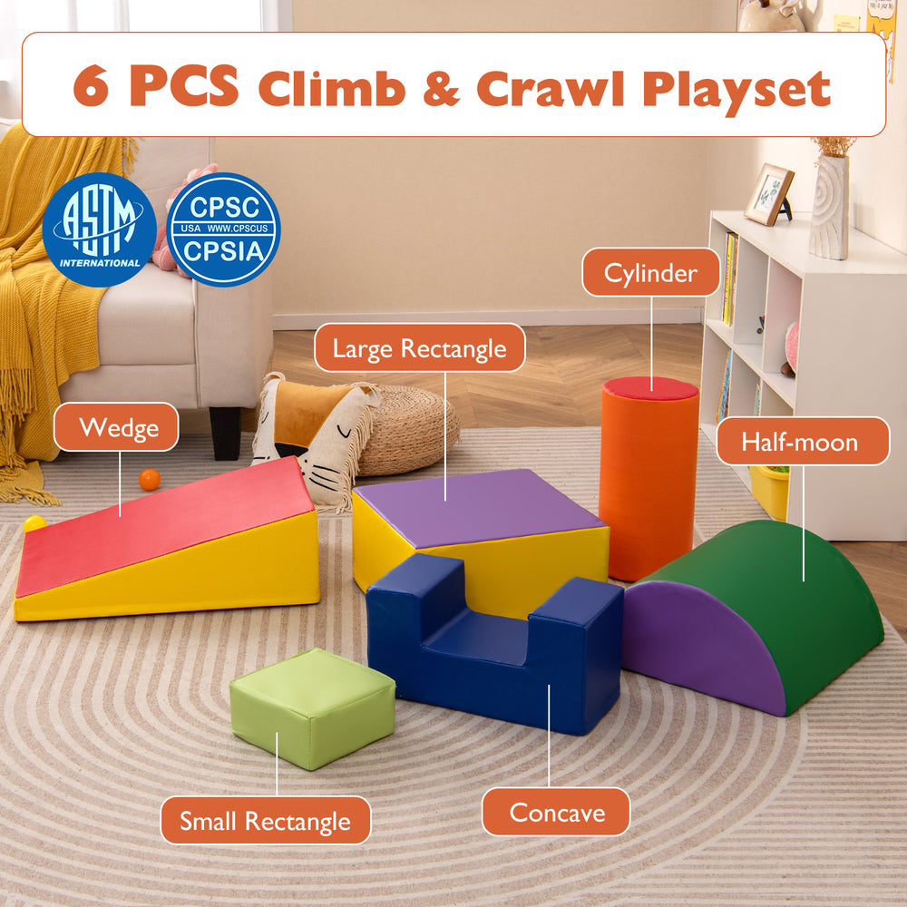 Colorful 6-piece foam climbing blocks set including wedge, cylinder, and concave shapes for indoor play and development.