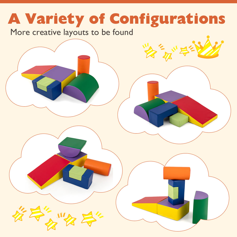 Colorful 6-piece foam climbing blocks set with various shapes for indoor play, promoting creativity and safe.