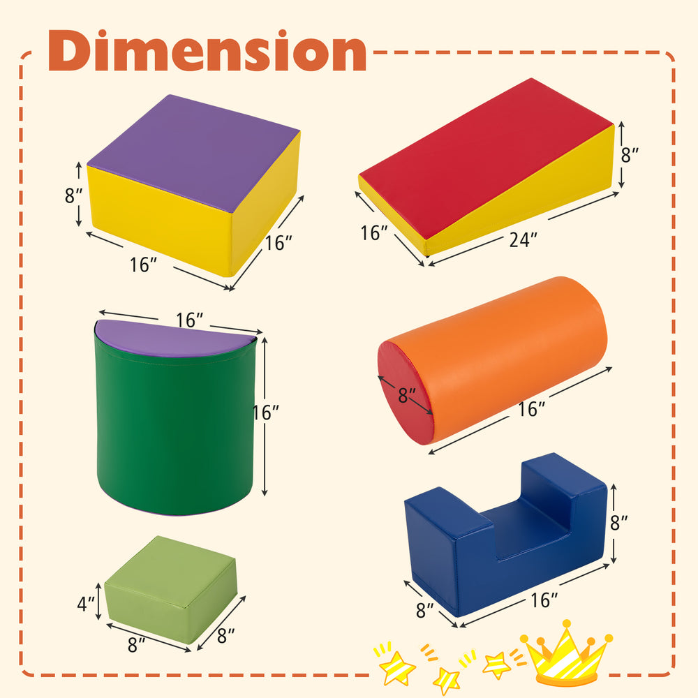 Colorful 6-piece foam climbing blocks set with various shapes, ideal for indoor play and enhancing kids' creativity.