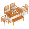 Outdoor acacia wood dining set with six chairs and a spacious table, featuring an umbrella hole for sunny days.