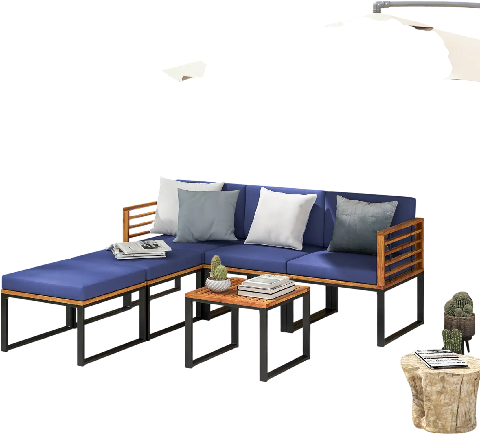 Costway 6 Piece Acacia Wood Patio Conversation Sofa Set Navy 23958176 New