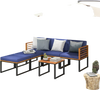 6-piece patio acacia wood conversation sofa set with navy cushions, featuring ottomans and a coffee table for outdoor.