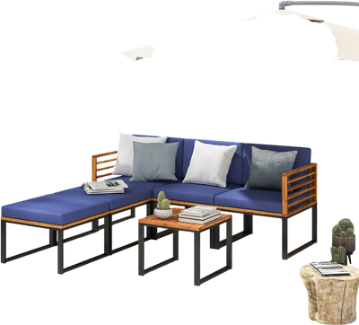 Costway 6 Piece Acacia Wood Patio Conversation Sofa Set Navy 23958176 New