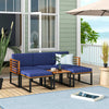 Navy 6-piece patio acacia wood conversation sofa set with ottomans and coffee table, perfect for outdoor relaxation.