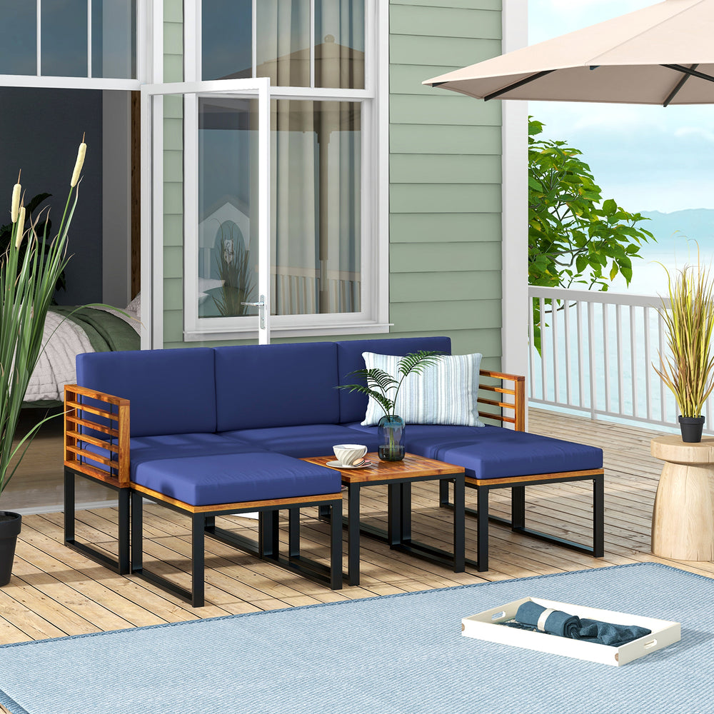 Navy 6-piece patio acacia wood conversation sofa set with ottomans and coffee table, perfect for outdoor relaxation.