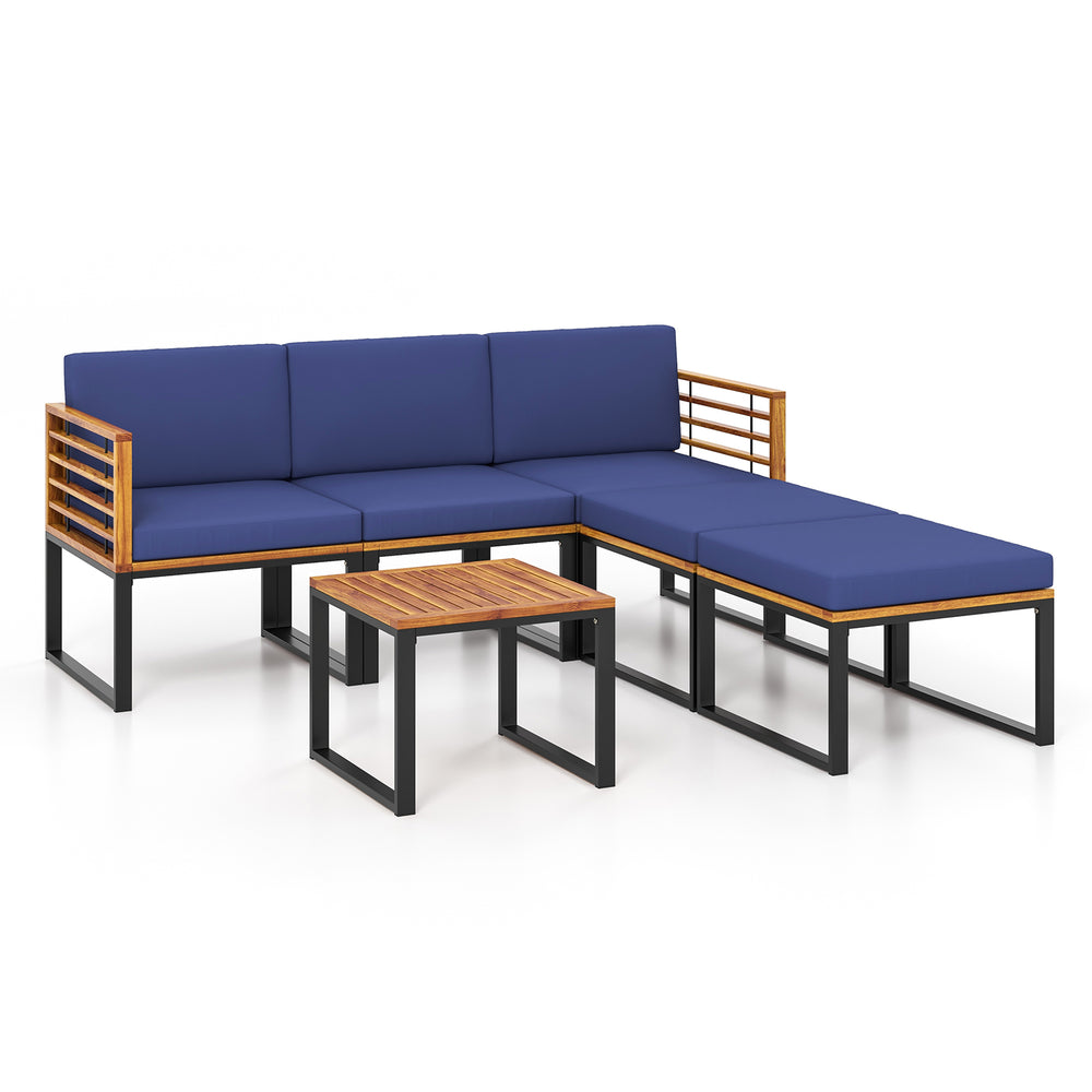 L-shaped 6 piece patio sofa set with navy cushions, acacia wood frame, and coffee table, perfect for outdoor relaxation.