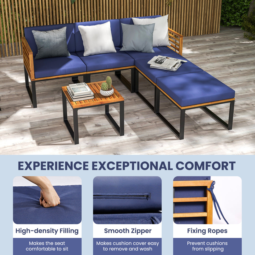 L-shaped 6-piece patio sofa set in navy with acacia wood accents, ideal for backyard and poolside relaxation.