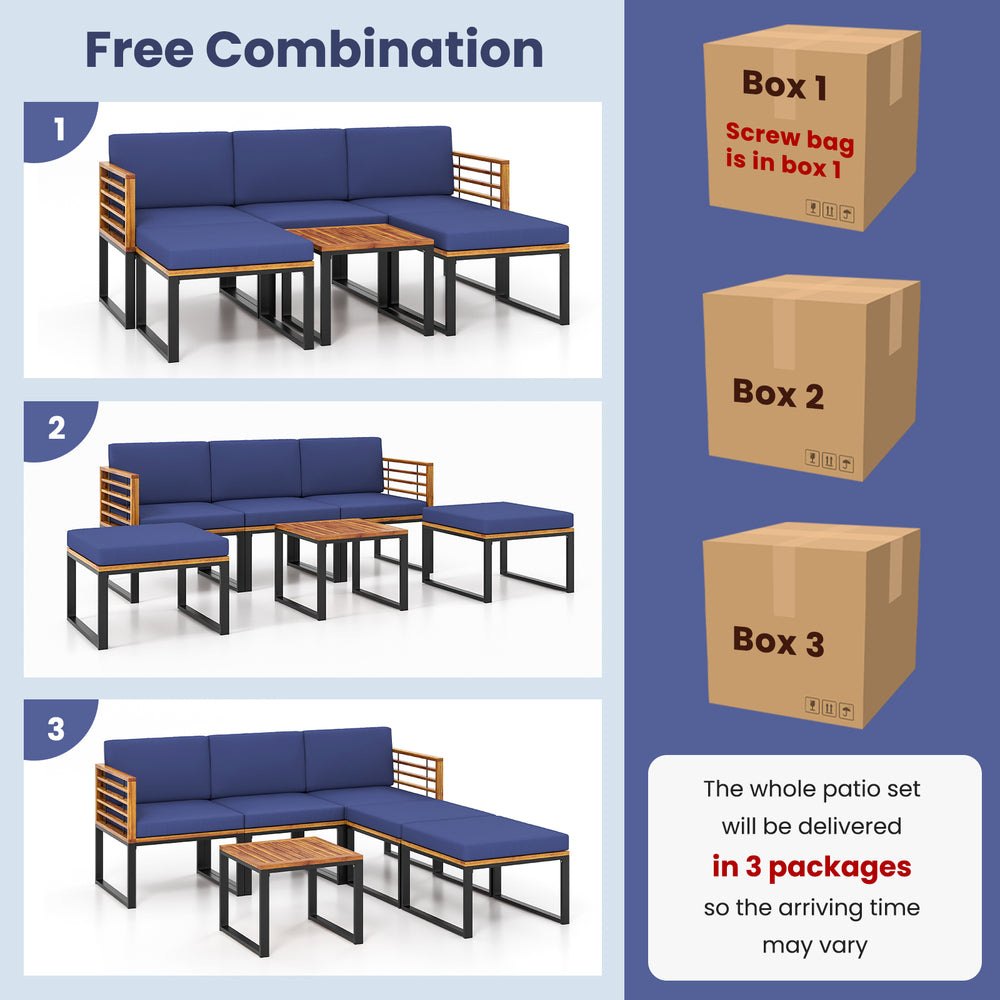 6-piece patio sofa set with navy cushions and acacia wood accents, perfect for backyard or poolside relaxation.