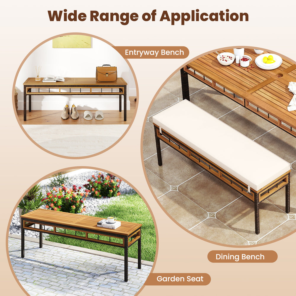 Backless wicker patio bench for 2 with acacia wood seat, ideal for dining in yard or poolside settings.
