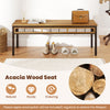 Backless dining bench with acacia wood seat, sturdy design for outdoor use, perfect for yard or poolside gatherings.