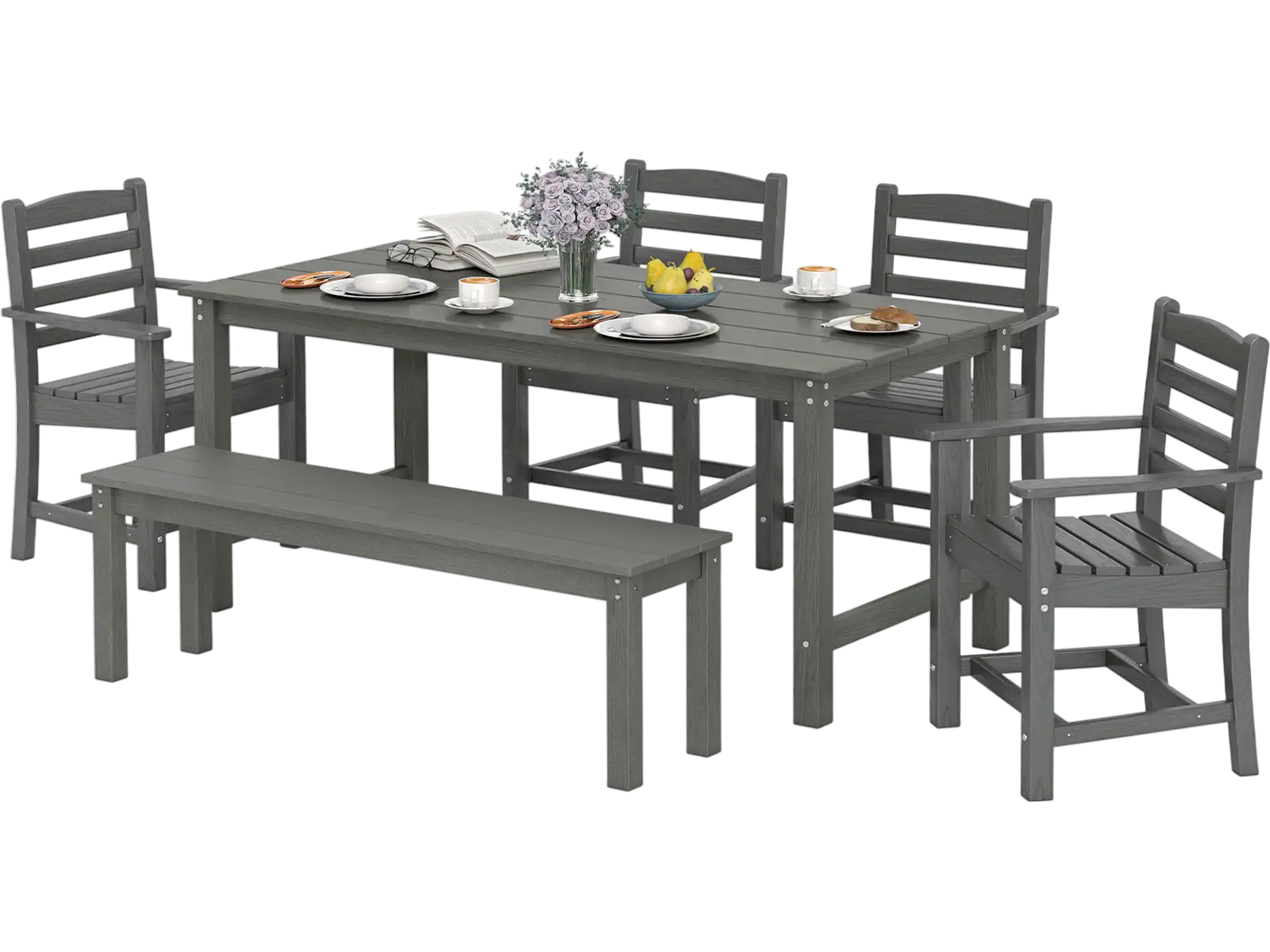 Costway 6-Piece Outdoor Patio Dining Bench Set HDPE Weather Resistant Table & Chairs 34113101 New